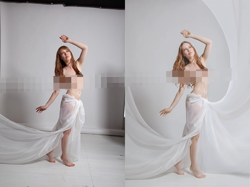 before and after retouching of woman photo in swimming dress