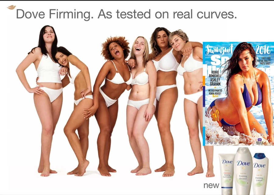  Dove advertising from 2010 with plus size models and, magazine Ashley Graham on Sports Illustrated front page 