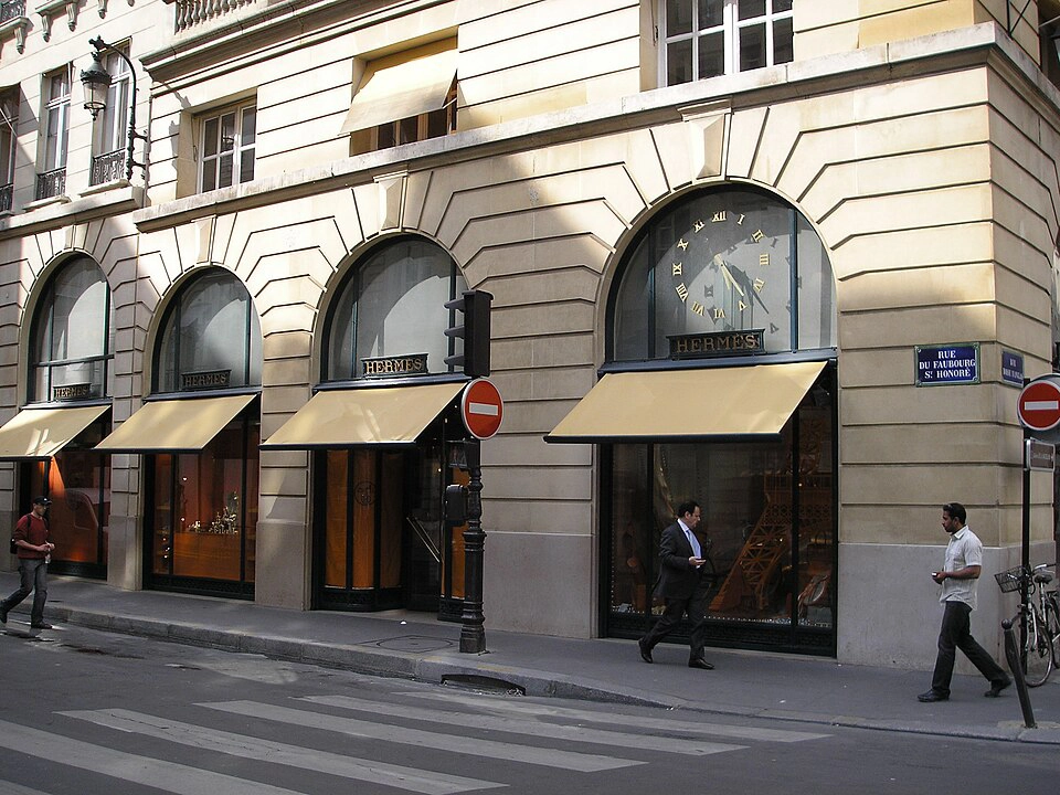 Hermès flagship store located at 24 Rue du Faubourg Saint-Honoré in Paris in Hermes orange colors