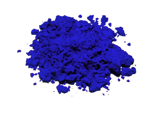 This intense blue powder is most likely Ultramarine Blue pigment. 
                                              Historically made from grinding the semi-precious stone lapis lazuli, most modern ultramarine is synthetic.
                                              It is a complex sulfur-containing sodio-silicate.