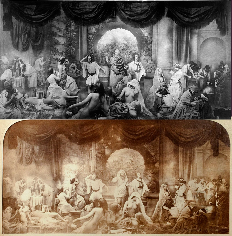 Victorian photomontage “The Two Ways of Life” (1857) by Oscar Gustave Rejlander – 30-negative moral allegory of Virtue vs Vice, staged studio composition with dramatic lighting