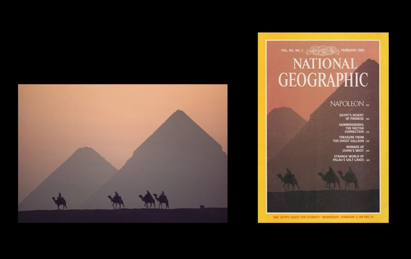 National Geographic 1982 pyramid cover – digitally squished Giza pyramids with Scitex system, famous pre-Photoshop controversy