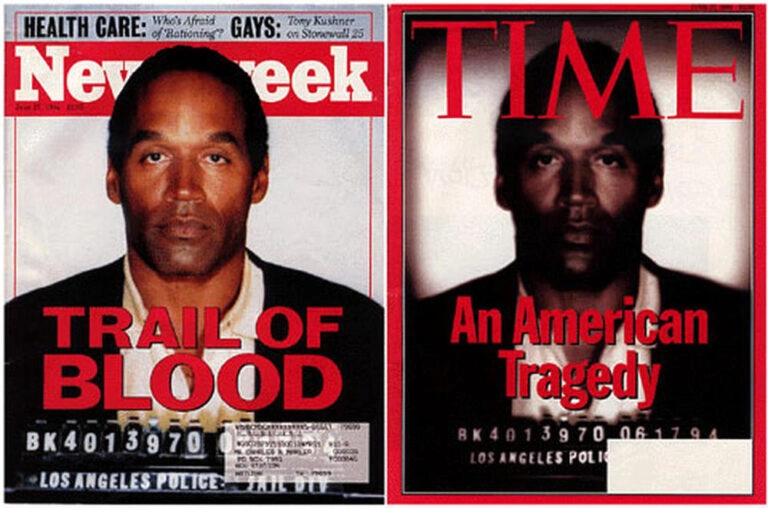 1994 O.J. Simpson mugshot comparison: Newsweek original vs TIME darkened version – controversial photo manipulation case