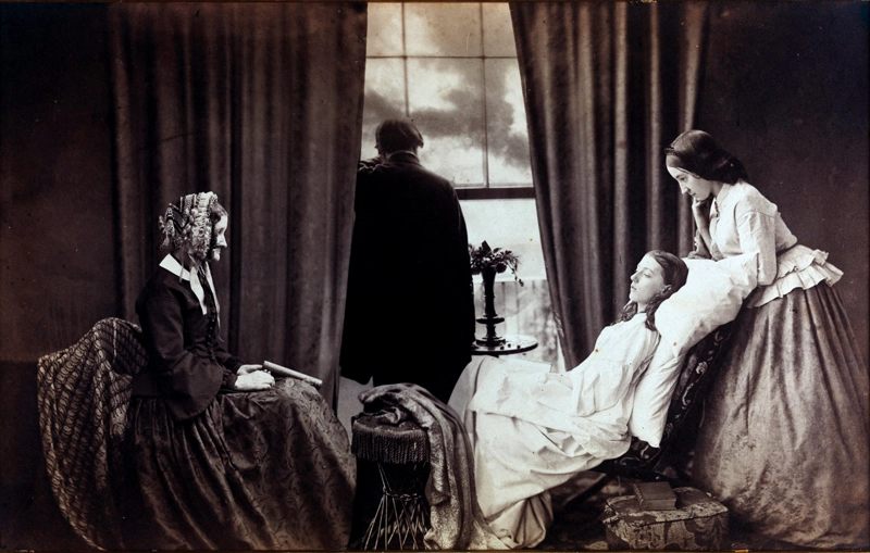 Victorian photomontage “Fading Away” (1858) by Henry Peach Robinson – dying girl with grieving family, composite from five negatives, early example of artistic photo retouching