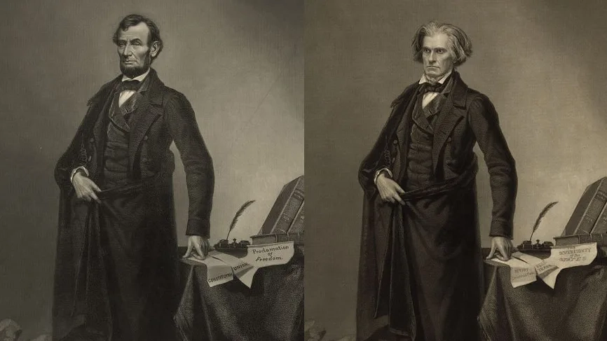 Historic 1860s manipulated portrait combining Abraham Lincoln’s head with John C. Calhoun’s body – early political photo manipulation that influenced the U.S. five-dollar bill