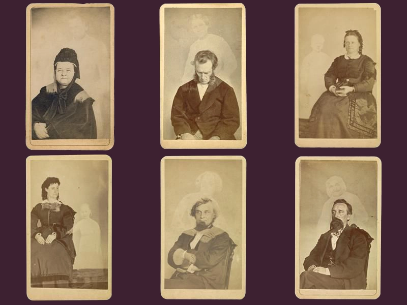 Spirit photograph of Mary Todd Lincoln with the transparent ghostly figure of Abraham Lincoln by William H. Mumler – classic 19th-century double exposure photo manipulation