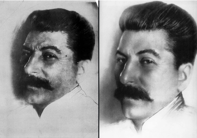 Side-by-side comparison: Stalin’s original pockmarked face (1920s) vs retouched smooth propaganda portrait (1939)
