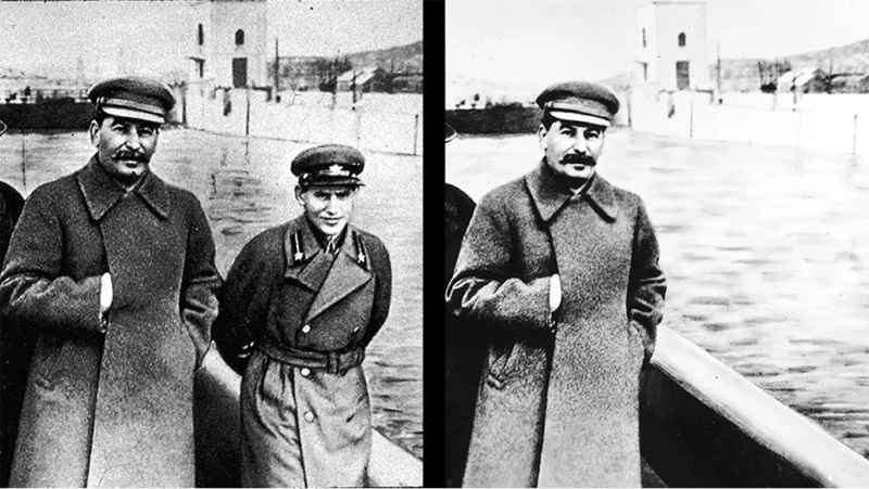 1937 photo of Stalin and Nikolai Yezhov by the Moscow-Volga Canal – before and after Soviet airbrushing example