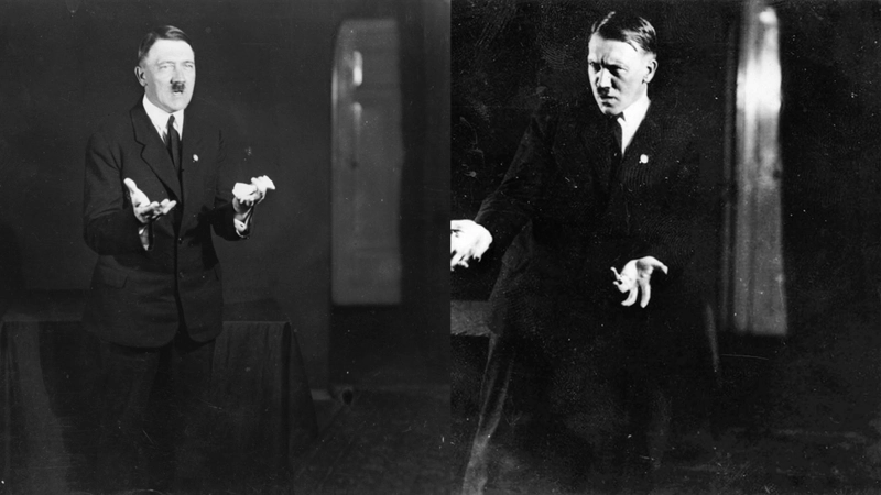 Adolf Hitler rehearsing speech gestures in front of mirror – behind-the-scenes Nazi propaganda photography