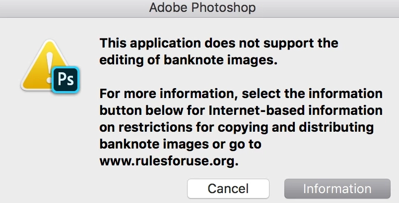 Adobe photoshop window with notification about not supporting banknote editing