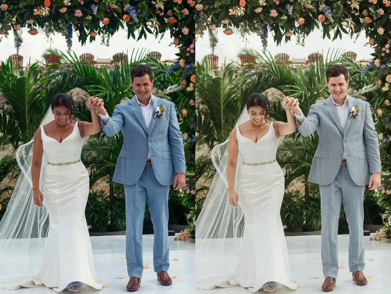 before and after retouching of wedding photo of festive couple