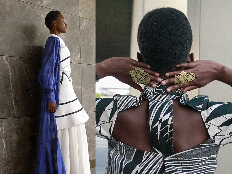 Retouched fashion photos of a Black model wearing beautiful dresses and ethnic finger jewelry. Presentation of the Pan-African fashion brand Afropian.