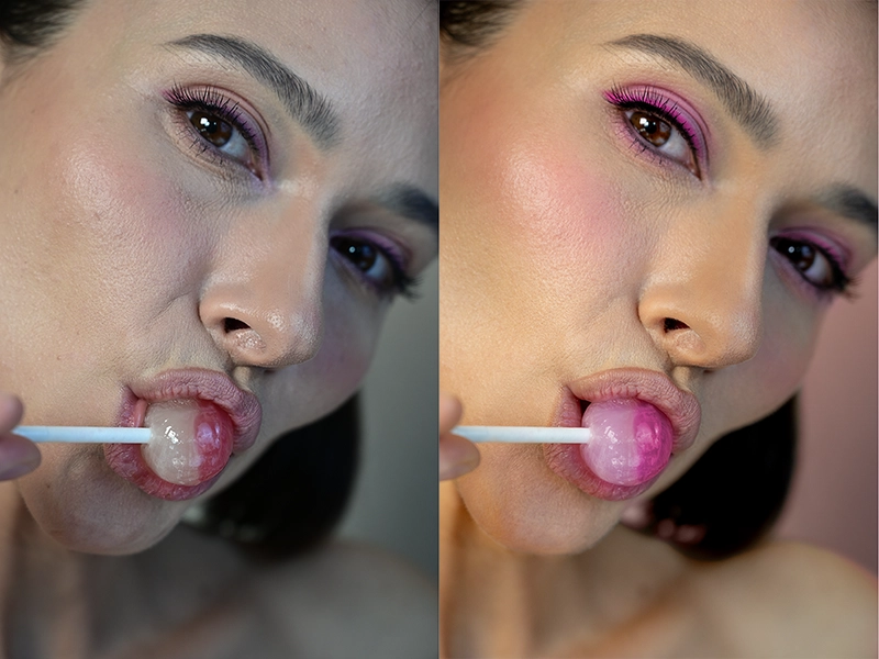 A close-up portrait of a girl sucking on a candy bar, a visual reference for a makeup artist. Skin retouching, toning, and color correction: before and after example.