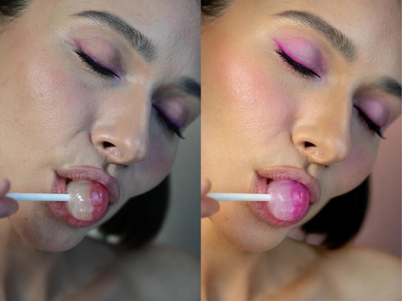A close-up portrait of a girl sucking on a candy bar, a visual reference for a makeup artist. Skin retouching, toning, and color correction: before and after example.