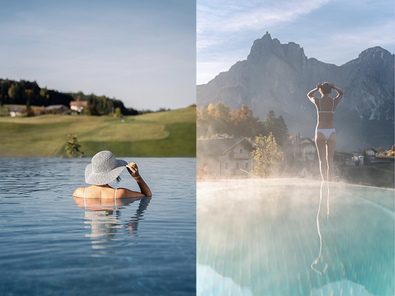 Outdoor spa photo retouching, model in a pool, color development, tinting, lens correction, preparation of photos for resort and hotel advertising.