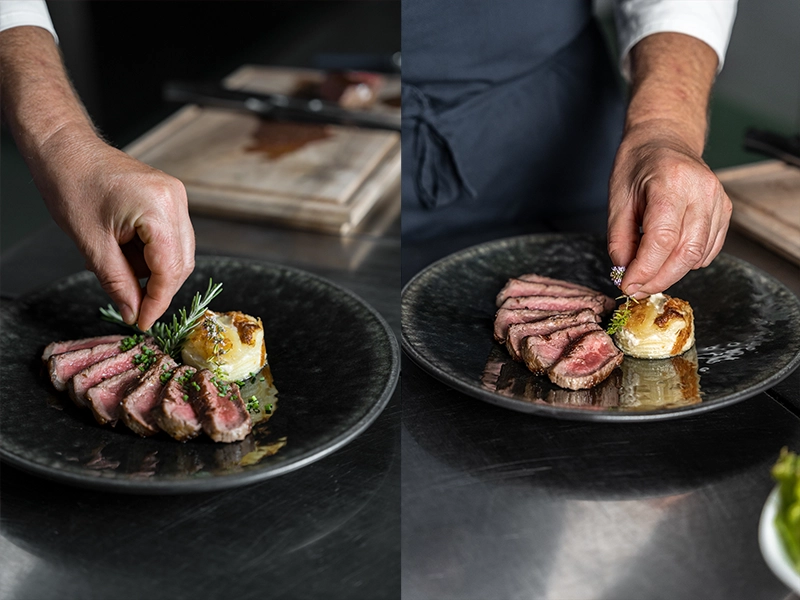 Color correction of food photos, chef decorating a dish, retouching for a marketing campaign