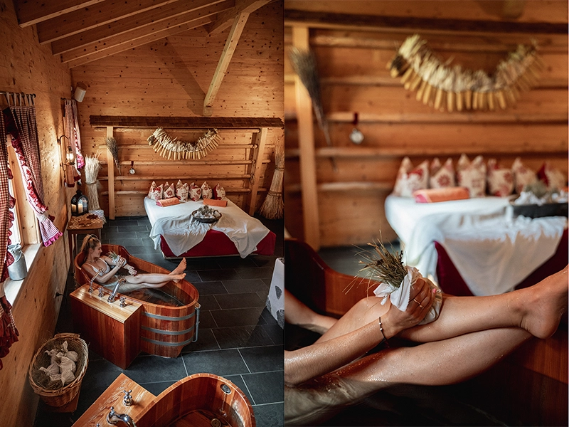 Color correction of an alpine-style spa interior photo for a marketing campaign