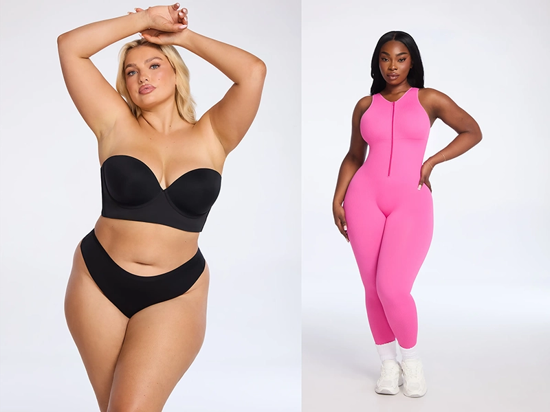 Retouching a studio e-commerce shot of models against a white background for a store catalog. Clothing and body retouching, liquifying retouching to correct volume and proportions. Preserving the natural texture of fabric and leather. Background cleanup to achieve a catalog-like appearance for a neat magazine look.