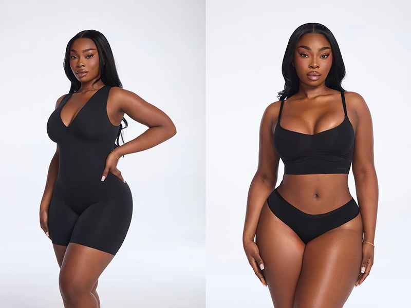 Retouching a studio e-commerce shot of models against a white background for a store catalog. Clothing and body retouching, liquifying retouching to correct volume and proportions. Preserving the natural texture of fabric and leather. Background cleanup to achieve a catalog-like appearance for a neat magazine look.