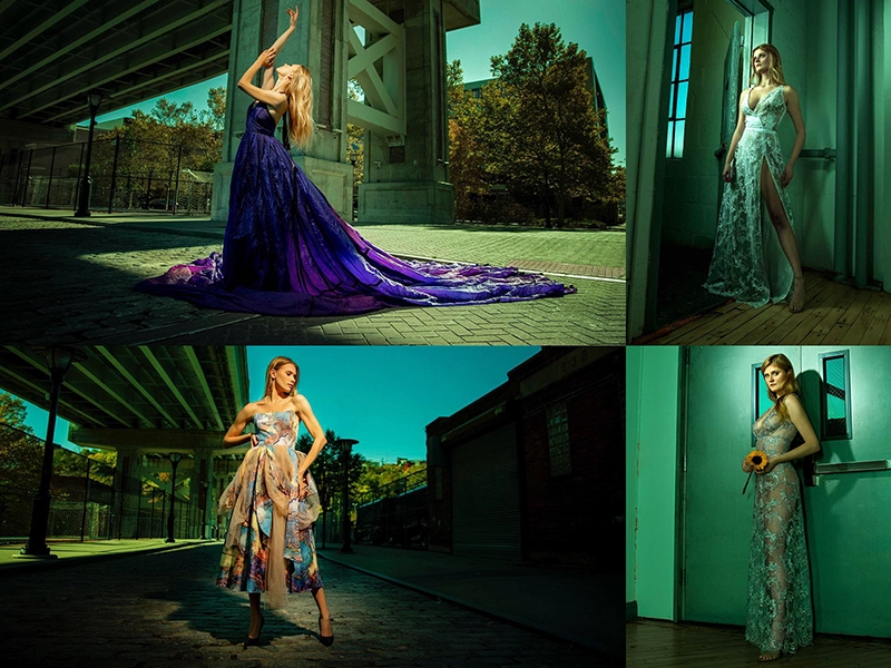 A retouched collage of four photos of a female model in a luxurious dress. The photos are tinted in a fashionable style and retouched for publication in a print magazine.