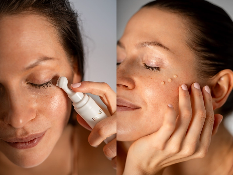 A photo portrait of a model for a cosmetics advertising campaign. Natural facial retouching, color correction, and high-quality imagery for advertising products.