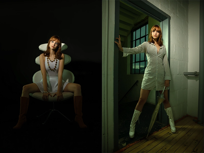 Studio photos of a model with fashionable color and toning for a model portfolio for a fashion agency.