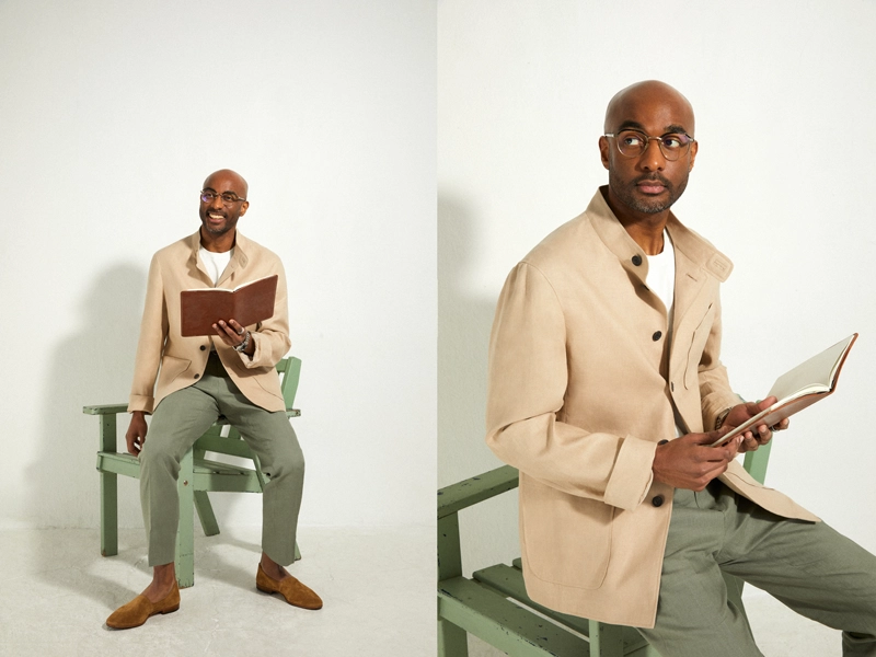 Retouched studio photos of the fashionable French brand Scaviny for their website for Paris Fashion Week. Fashionable retouched photos of a man in a shirt and trousers in a studio setting.