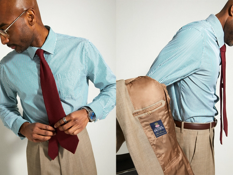 Retouched studio photos of the fashionable French brand Scaviny for their website for Paris Fashion Week. Fashionable retouched photos of a man in a shirt and trousers in a studio setting.