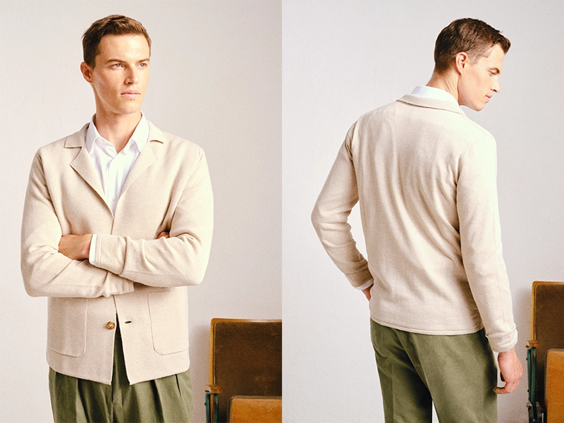 Retouched studio photos of the fashionable French brand Scaviny for their website for Paris Fashion Week. Fashionable retouched photos of a man in a shirt and trousers in a studio setting.