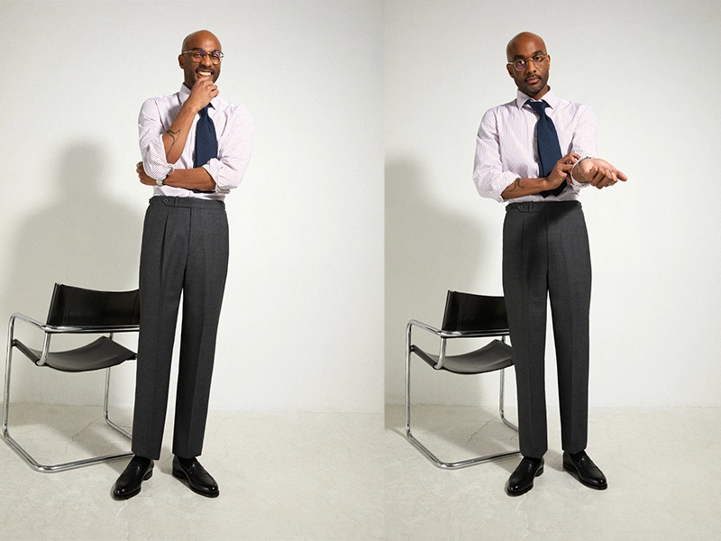 Retouched studio photos of the fashionable French brand Scaviny for the website for Paris Fashion Week. Fashionable retouched photos of a man in a shirt and trousers, a business look in the studio