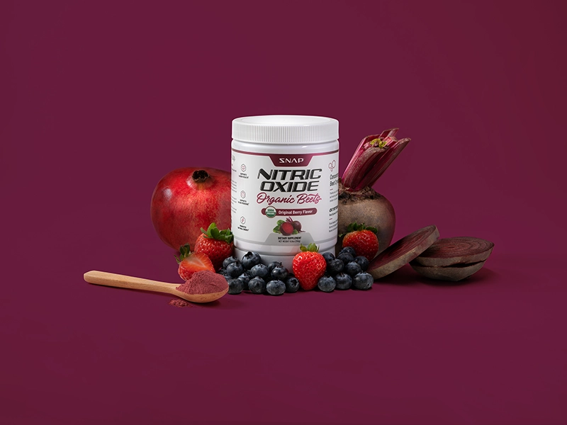 Retouched product photos using focus stacking for a Snap Supplements vitamin advertising campaign. A collage of a product jar with fruits and berries.
