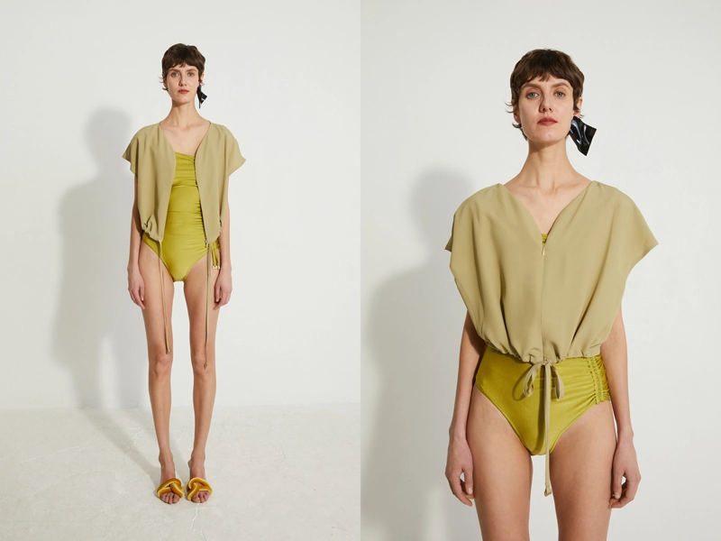 Retouched studio photos of the French fashion brand Veronique Leroy for their website for Paris Fashion Week. A portrait of a woman in a studio setting wearing fashionable lingerie against a white background.