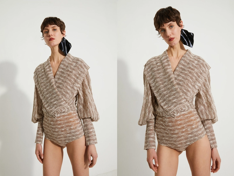 Retouched studio photos of the French fashion brand Veronique Leroy for their website for Paris Fashion Week. A photo of a woman in a studio setting wearing a trendy furry suit.